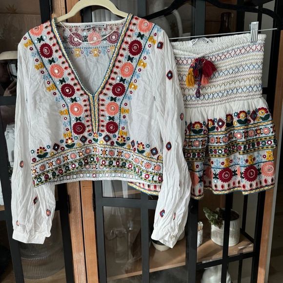 Zara Embroidered Set embellished beaded skirt top boho colorful long sleeve crop - Picture 14 of 14